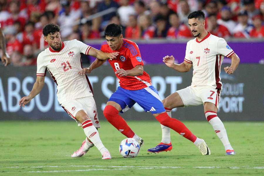 Chile and Canada tussle for possession 