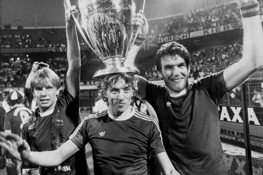 Aston Villa's Gary Shaw (left), Tony Morley (centre) and scorer of the European Cup-winning goal Peter Withe