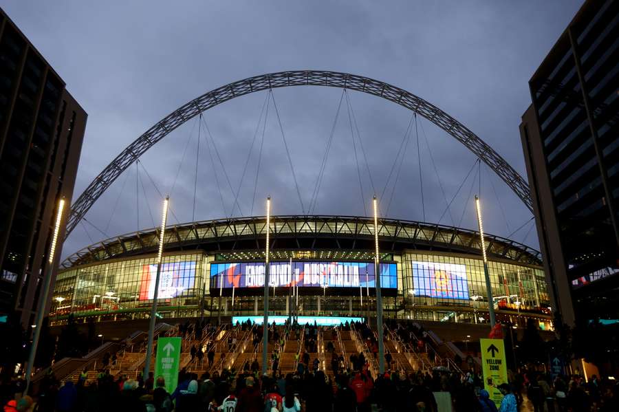 General view of Wembley Stadium and the arch as fans arrive before the match with Australia