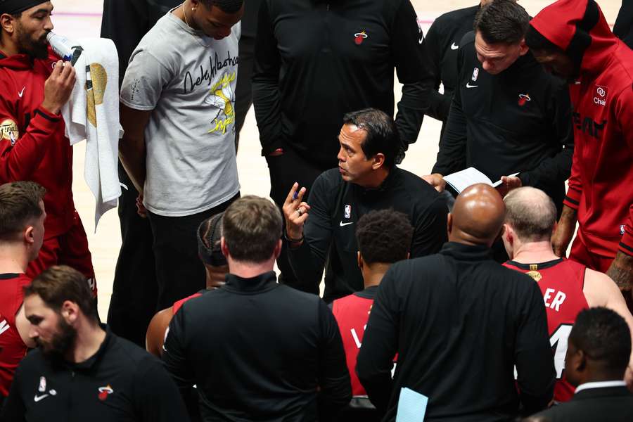 Head coach Erik Spoelstra of the Miami Heat gives instructions during a timeout