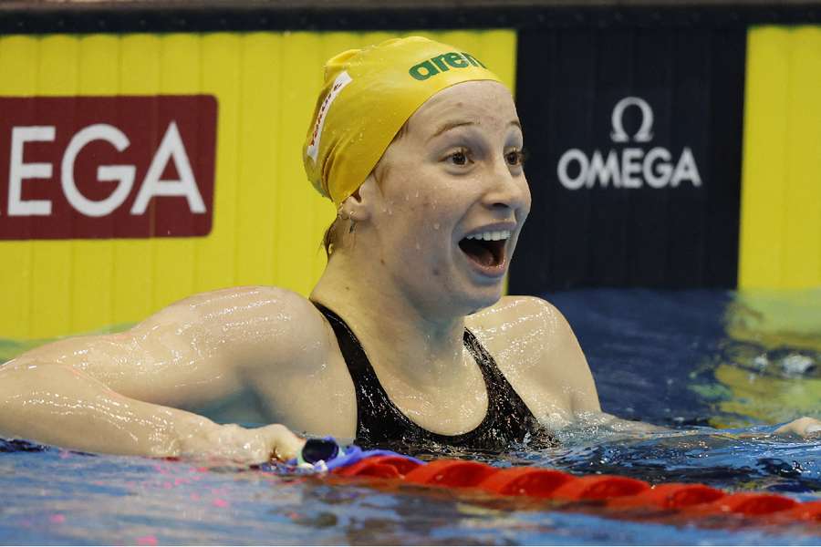 Mollie O'Callaghan celebrates after winning the women's 200m freestyle final