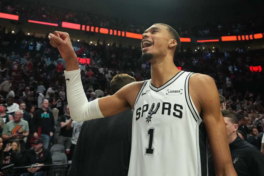 Victor Wembanyama celebrates the San Antonio Spurs' win in Game 4 of their NBA playoff game.