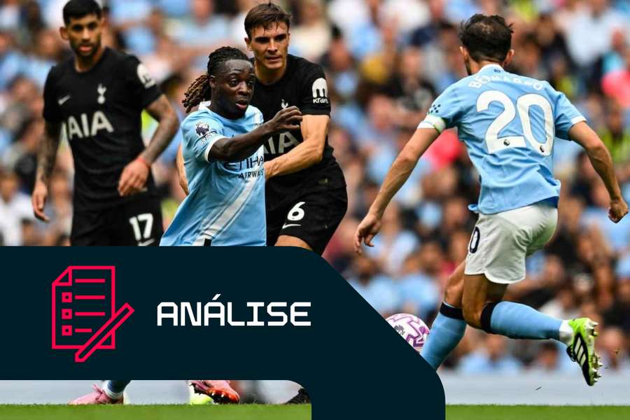 Jeremy Doku, do Manchester City, sob pressão de João Palhinha, do Tottenham