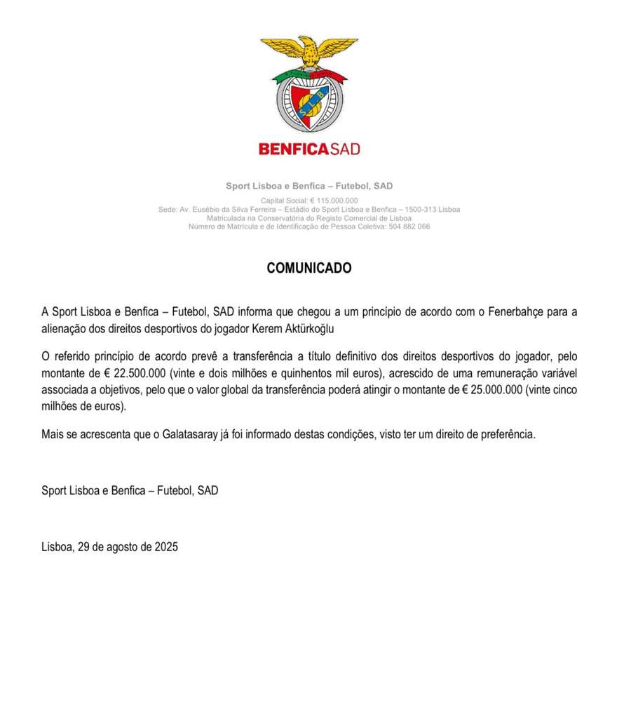 Comunicado do Benfica à CMVM