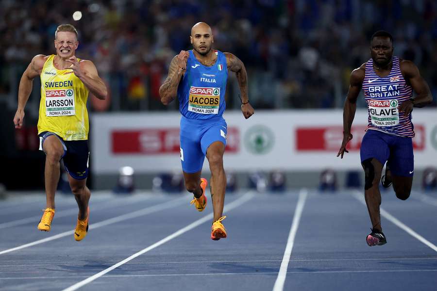 Marcell Jacobs in actie op de 100 meter sprint