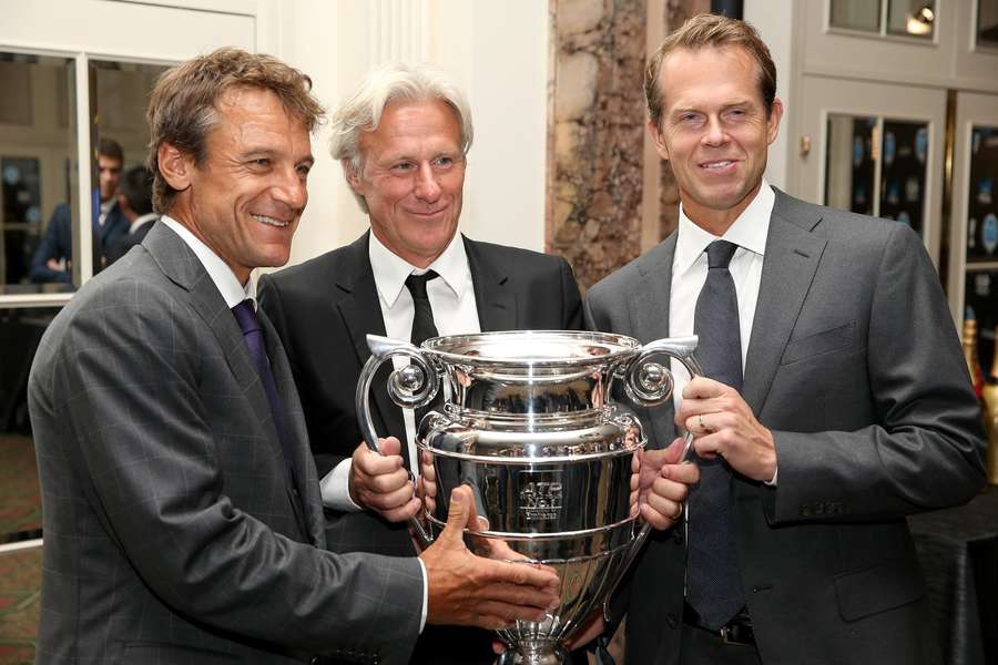 Mats Wilander, Bjorn Borg, and Stefan Edberg of Sweden pose for photographers