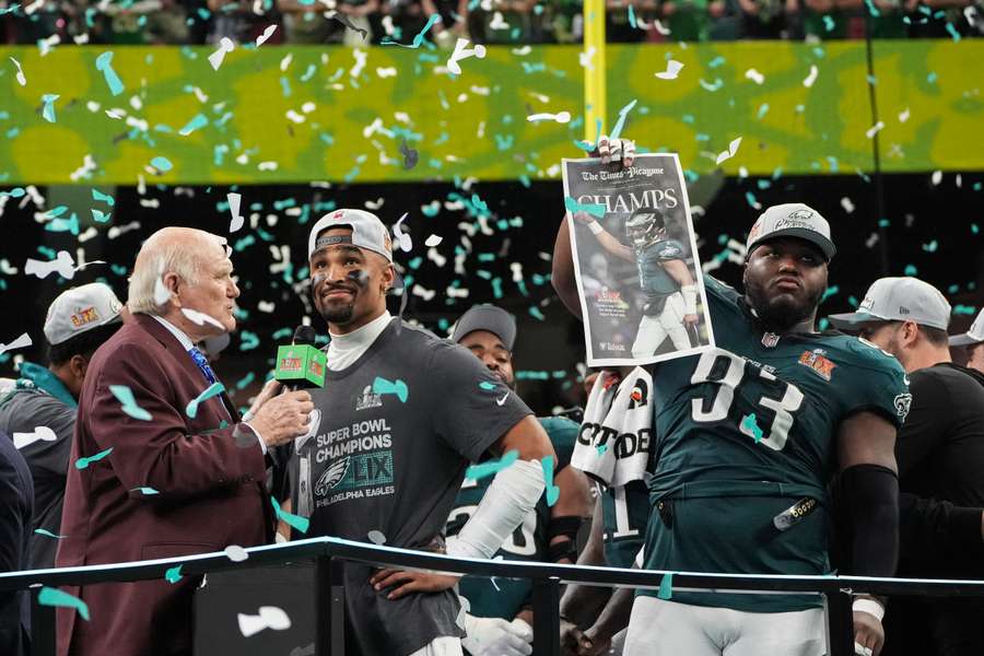 Philadelphia Eagles players celebrating their win over the Kansas City Chiefs in Super Bowl LIX (February 9, 2025)
