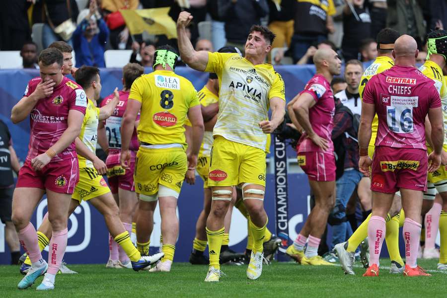 La Rochelle's flanker Paul Boudehent (C) celebrates against Exeter Chiefs