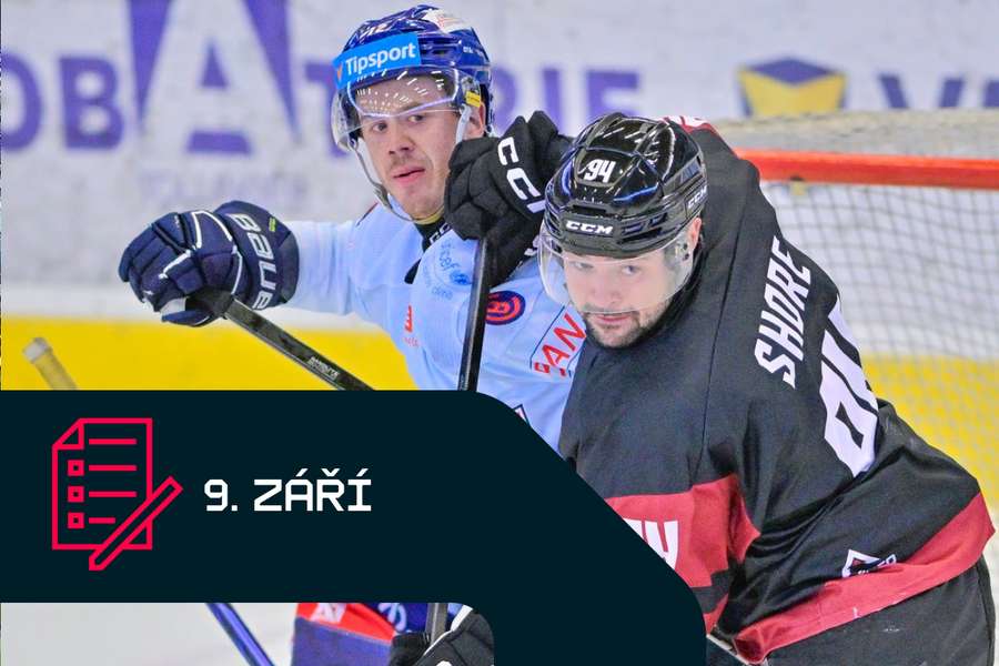Pavel Pýcha (vlevo) a Devin Shore v nedávném přípravném zápase Českých Budějovic a Sparty.