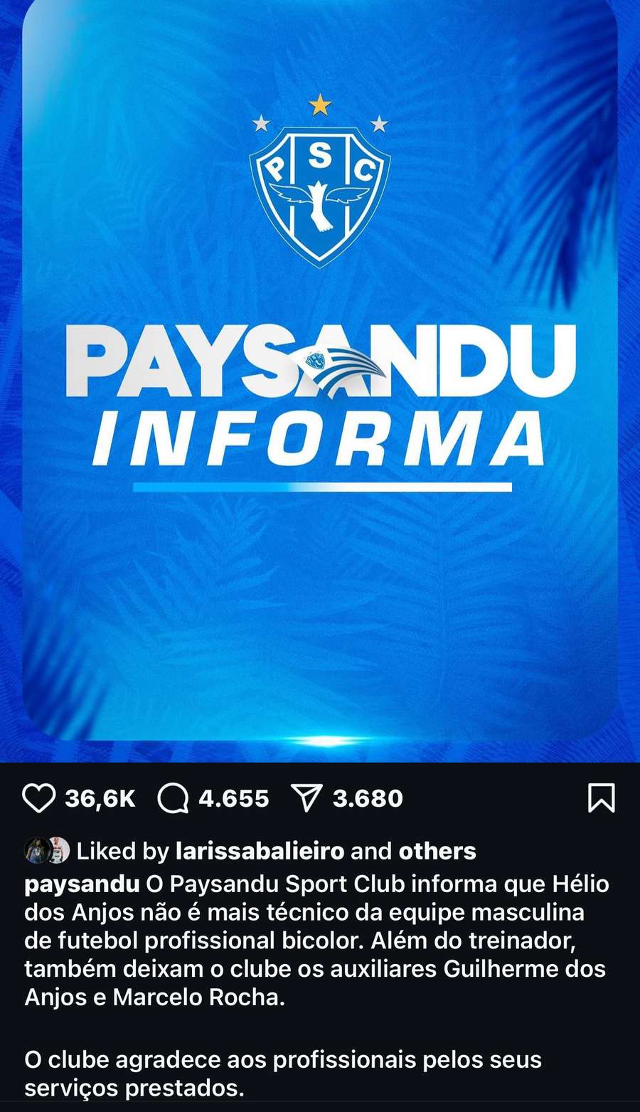 Anúncio oficial da saída de Hélio dos Anjos do Paysandu