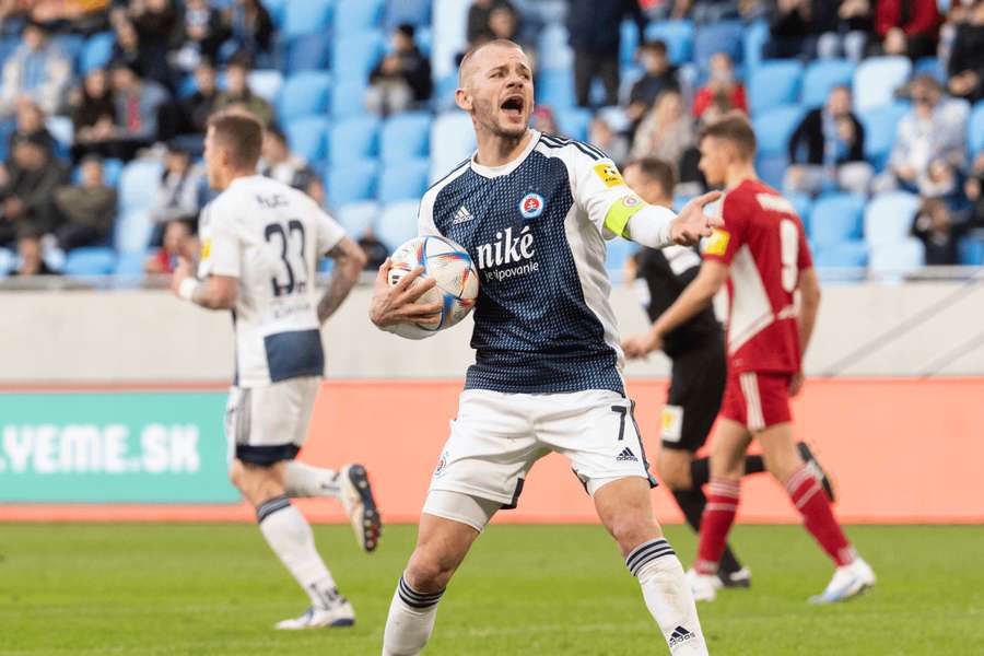 Vladimír Weiss ml. (Slovan) po strelení gólu proti Banskej Bystrici.