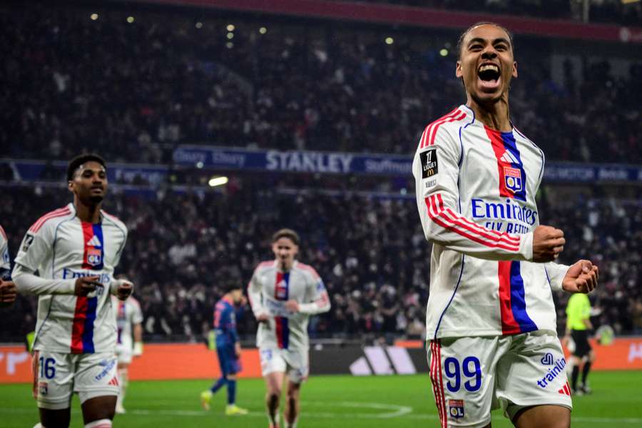 Lyon's Noah Nartey celebrates after scoring against Nice