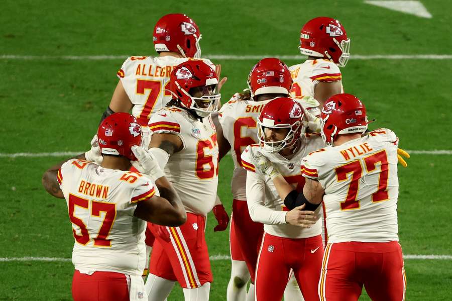 Harrison Butker of the Kansas City Chiefs celebrates after kicking the go-ahead field goal