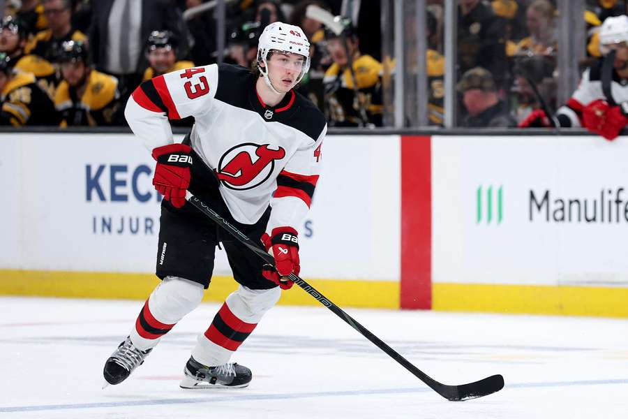 New Jersey Devils defenceman Luke Hughes skates up the ice (2025)