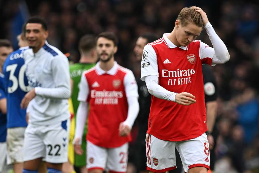 Martin Odegaard reacts at the end of Arsenal's defeat to Everton