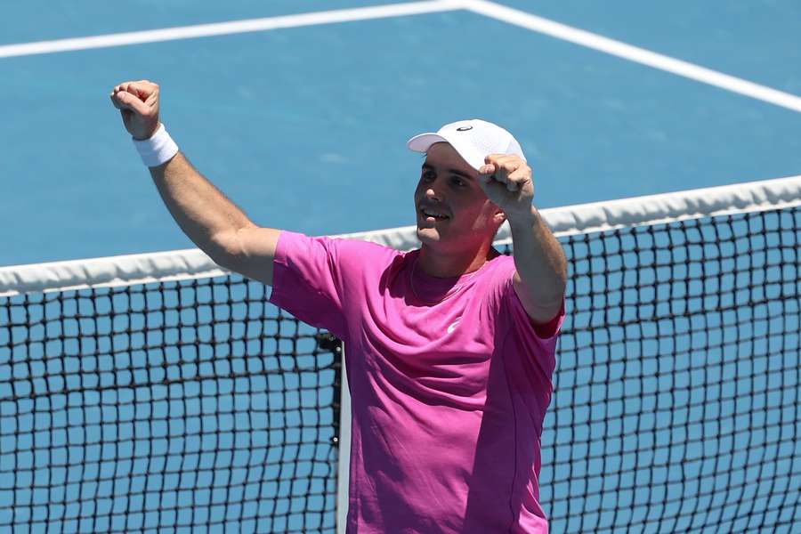 Arthur Fery celebrates after defeating Flavio Cobolli at the Australian Open