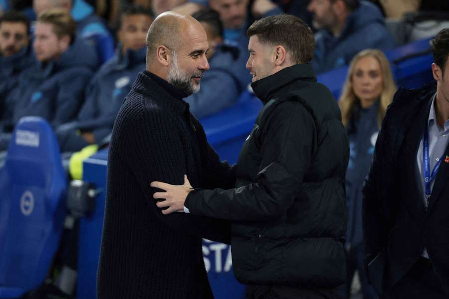 Pep Guardiola, left, alongside Fabian Hurzeler of Brighton