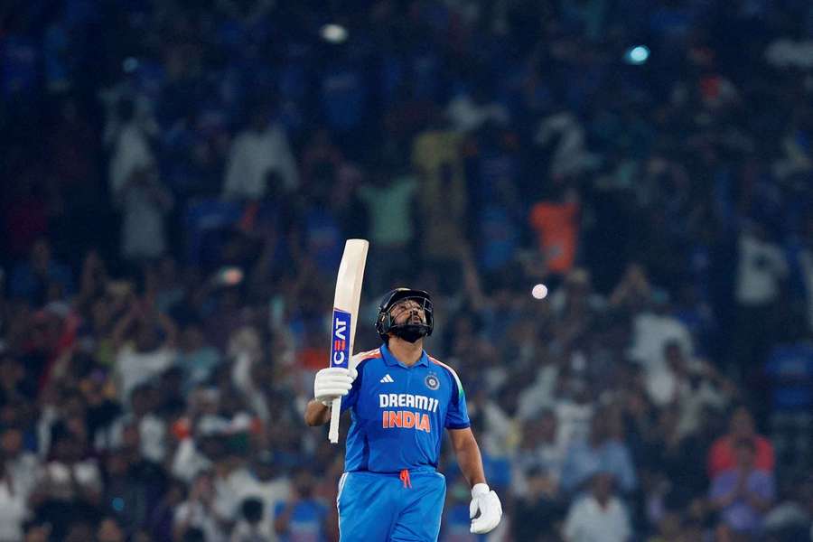 Rohit Sharma celebrates his century for India