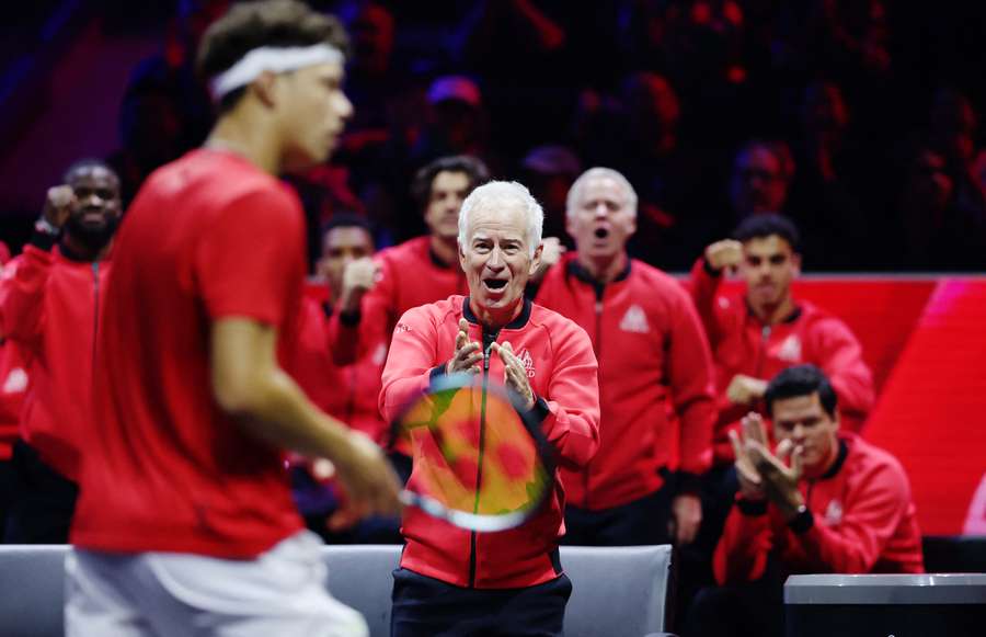 Captain John McEnroe of Team World reacts during the match between Ben Shelton of Team World and Arthur Fils of Team Europe