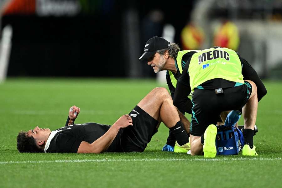 Noah Hotham receives medical attention at Sky Stadium last weekend.