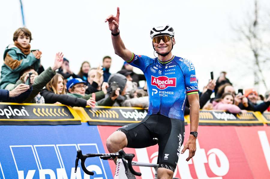 Mathieu van der Poel crosses the finish line of Omloop Het Nieuwsblad Mathieu van der Poel crosses the finish line of Omloop Het Nieuwsblad