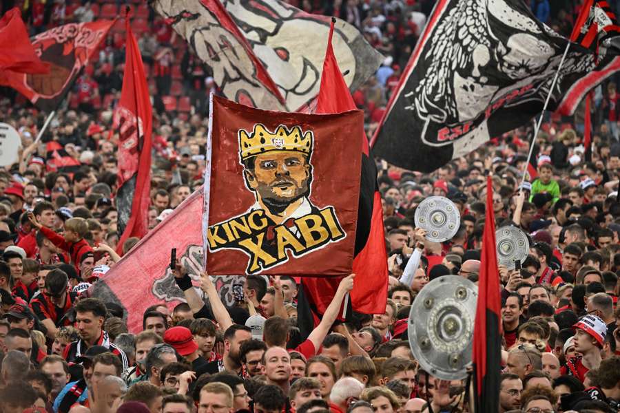 Leverkusen supporters celebrating their recent Bundesliga title win