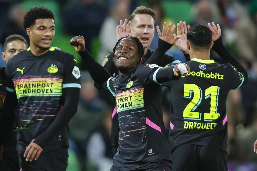 PSV's Johan Bakayoko celebrates scoring the 3-1 against FC Groningen