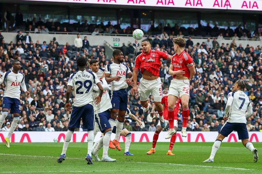 Nottingham Forest's Murillo heads the ball at goal vs Tottenham Hotspur