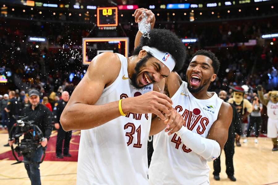 Jarrett Allen and Donovan Mitchell celebrate a huge win for the Cleveland Cavaliers.
