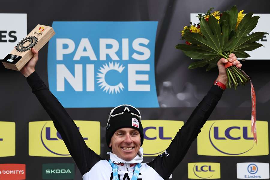 Tadej Pogacar celebrates winning the 4th stage of the Paris-Nice race