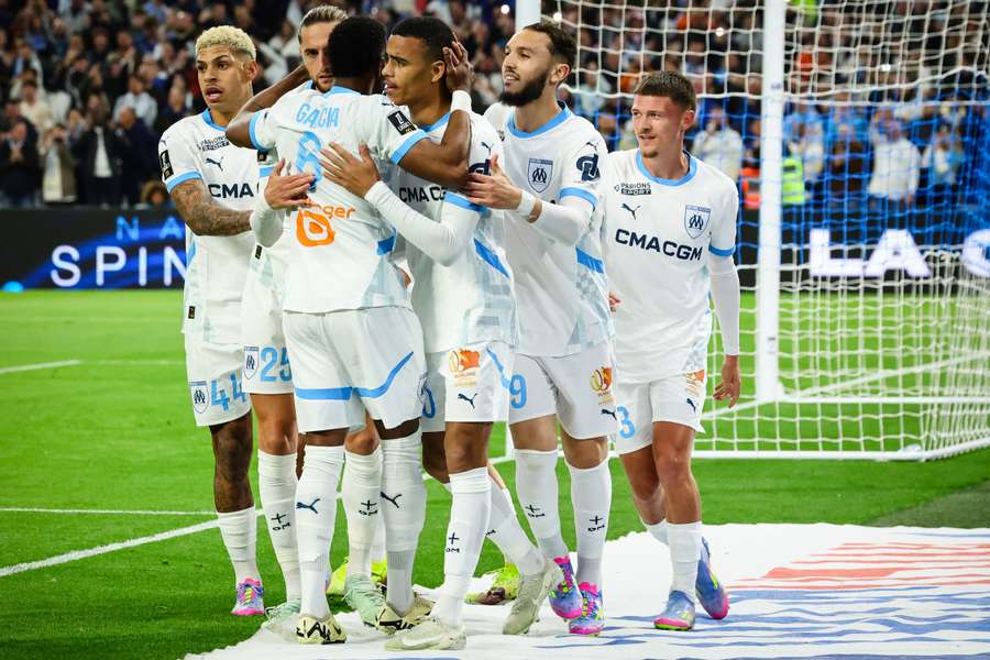 Marseille celebrate a goal from Mason Greenwood
