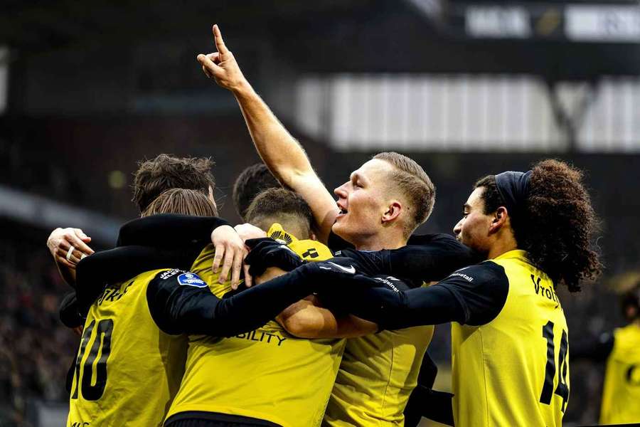 NAC Breda celebrate Elias Mar Omarsson's goal against FC Twente