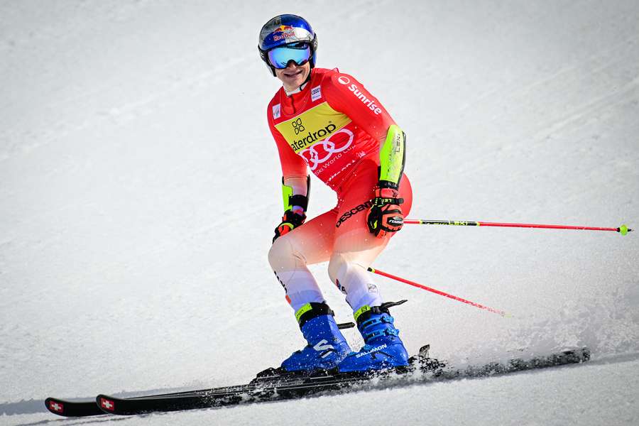 Switzerland's Marco Odermatt reacts in the finish area