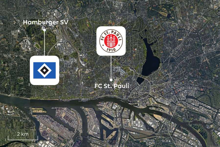 A localização dos dois clubes no mapa de Hamburgo.