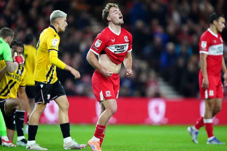 Middlesbrough's Aidan Morris (centre) reacts to a missed chance