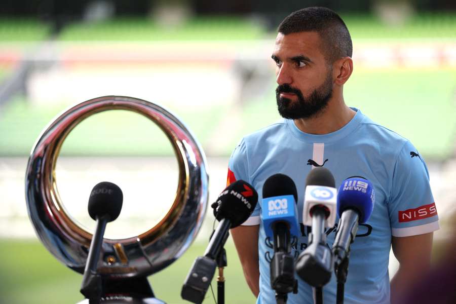 Melbourne City's Aziz Behich speaks to the media during the week.