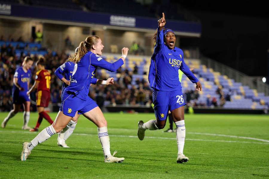 Chelsea's Kadeisha Buchanan celebrates scoring their second goal with Sjoeke Nusken Chelsea's Kadeisha Buchanan celebrates scoring their second goal with Sjoeke Nusken