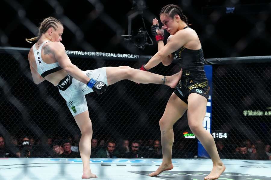 Alexa Grasso fights Valentina Shevchenko during UFC Fight Night at T-Mobile Arena
