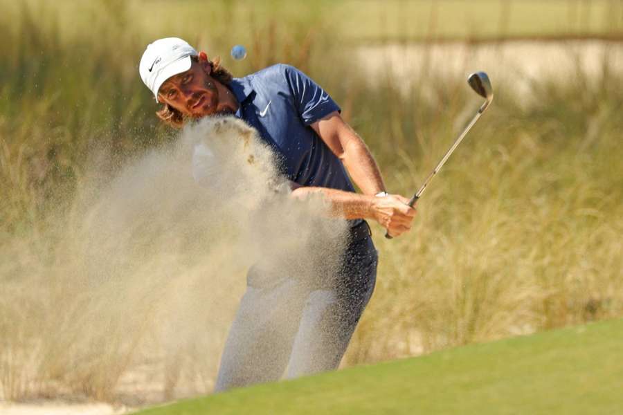 Tommy Fleetwood plays a shot from a bunker on the third hole during the final round of the CJ Cup last month.