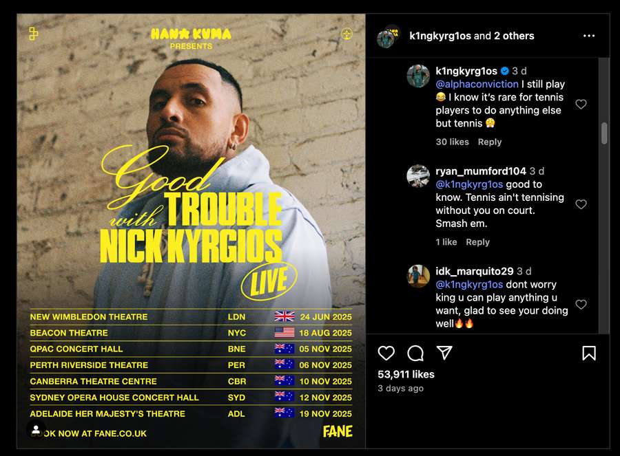 Anuncio de la gira mundial de Kyrgios y sus comentarios sobre Roland Garros