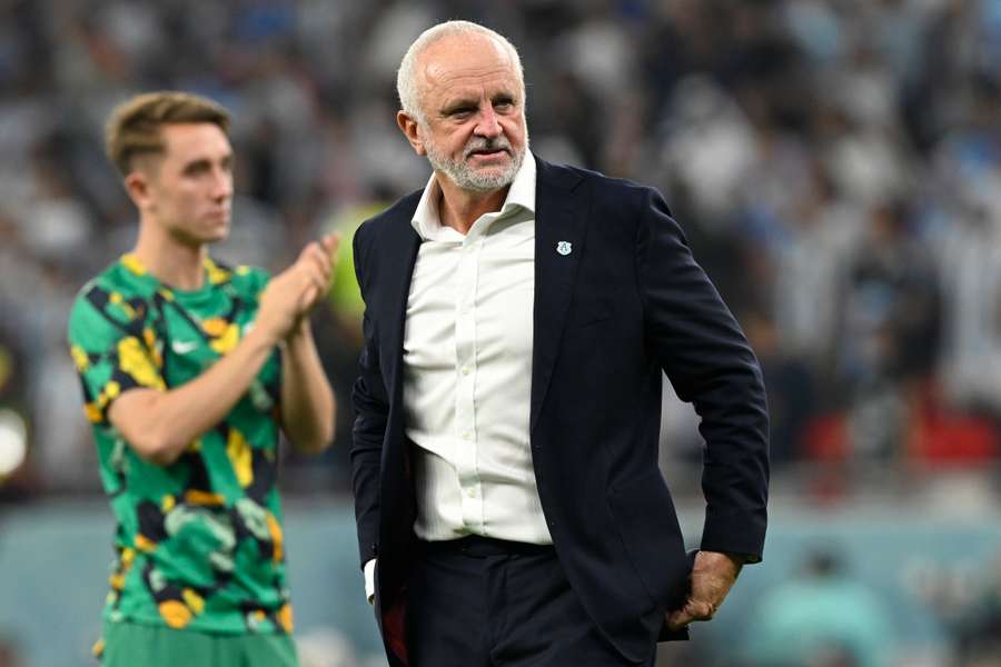 Graham Arnold reacts after Australia were beaten by Argentina in the last 16 of the World Cup.