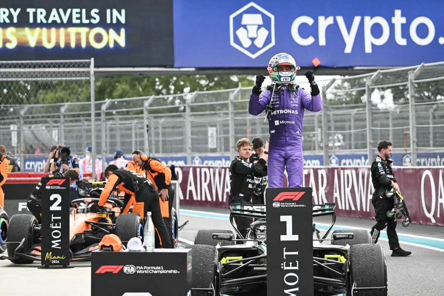 Mercedes' Kimi Antonelli celebrates his victory in Miami