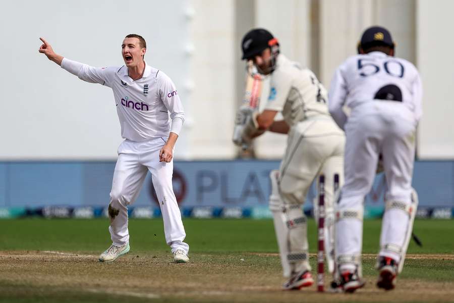 England's Harry Brook (L) celebrates New Zealand's Kane Williamson (C) being caught