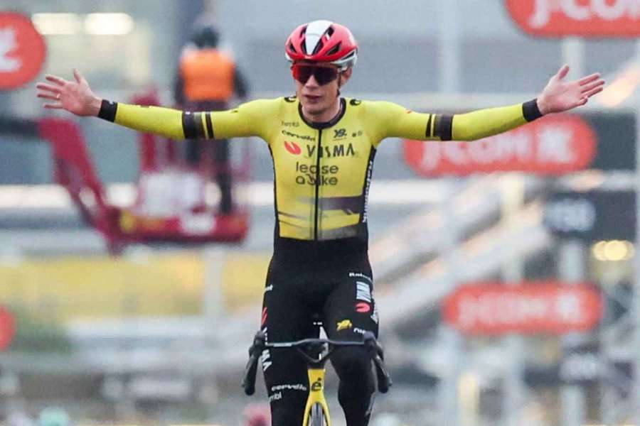 Jonas Vingegaard of Denmark reacts as he crosses the finish line in the main race of the Tour de France Saitama Criterium in Saitama City Jonas Vingegaard of Denmark reacts as he crosses the finish line in the main race of the Tour de France Saitama Criterium in Saitama City