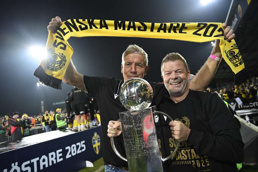 Mjallby manager Anders Torstensson (right) stepped down after winning the title