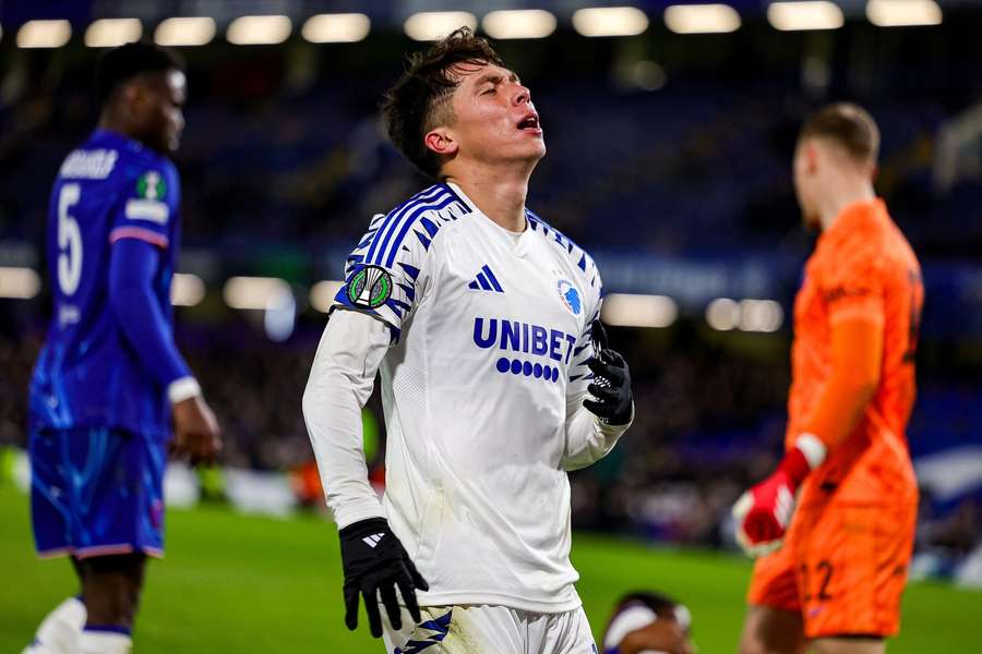 Rodrigo Huescas reacts to a miss during the Europa Conference League match against Chelsea 