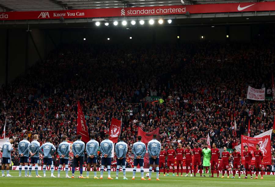 Home fans booed the national anthem prior to the English Premier League football match between Liverpool and Brentford at Anfield