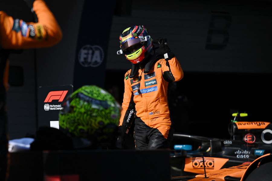 Piastri celebrates after taking pole position during the qualifying session ahead of the Chinese Grand Prix