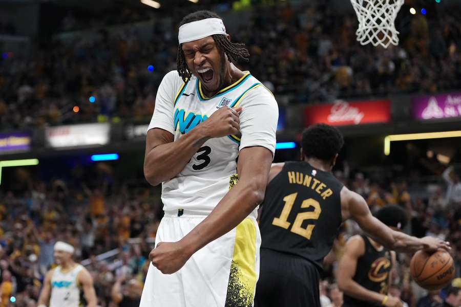 Pacers center Myles Turner celebrating during the second quarter in Game 4 vs. Cleveland Cavaliers (2025 NBA Playoffs)