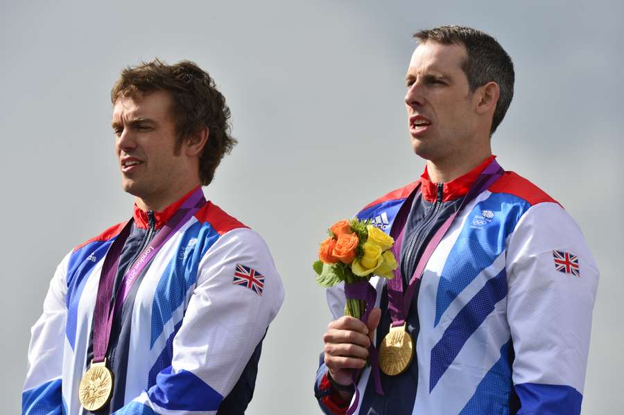 Etienne Stott (R) poses alongside Tim Baillie after their Canoe Double Men's Slalom Final win at London 2012